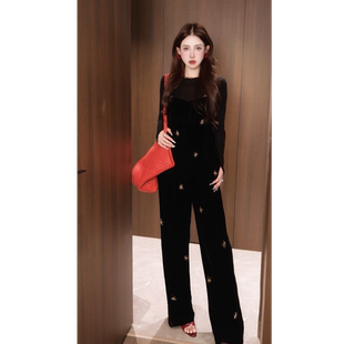 黑色时尚 显瘦休闲裤 KZ92 设计感轻奢钉珠背带裤 Gyantong郭彦彤