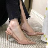 包头V家V扣后空网红凉鞋 裸色高跟鞋 时尚 斩男细跟法式 女2025新款