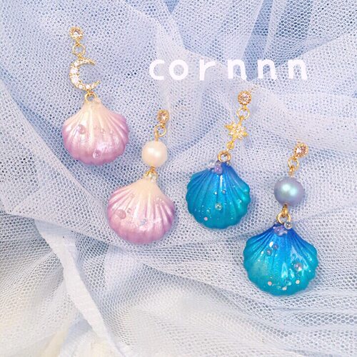 cornnn手工制作日漫少女风海之女六芒星月亮贝壳耳钉925银