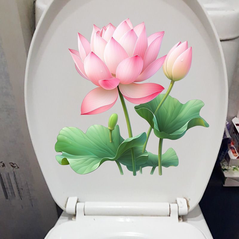 清新荷花防水自粘马桶盖贴纸