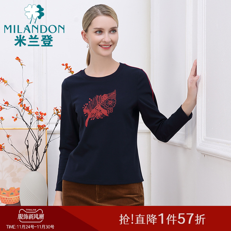 米兰登长袖休闲上衣印花T恤女
