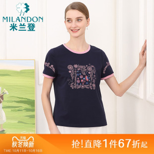 印花T恤女短袖 米兰登中老年妈妈装 圆领时尚 新款 休闲薄 2025年夏季
