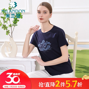 圆领绣花T恤女夏短袖 米兰登中老年妈妈装 时尚 夏季 纯棉上衣薄 新款