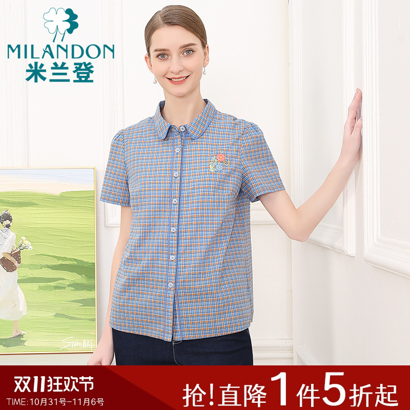 米兰登中老年妈妈装夏季新款时尚绣花格子衬衫女短袖纯棉上衣薄款