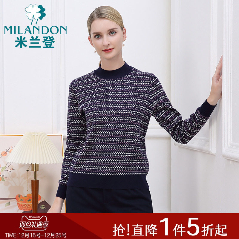 米兰登中老年妈妈装2025年秋冬新款半高领针织衫女长袖印花毛衫厚