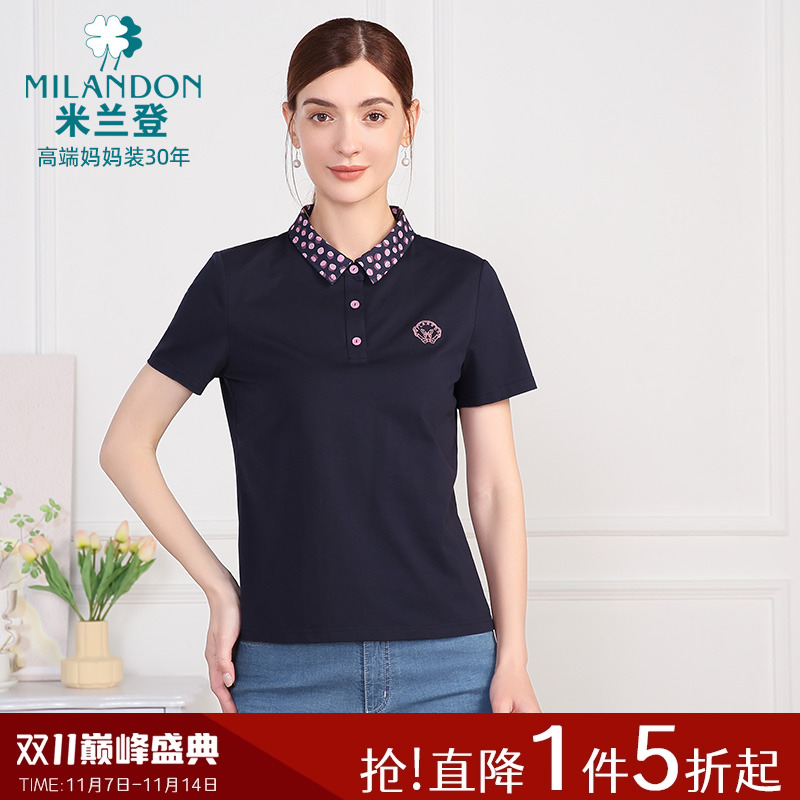 米兰登印花POLO领T恤衫女短袖薄