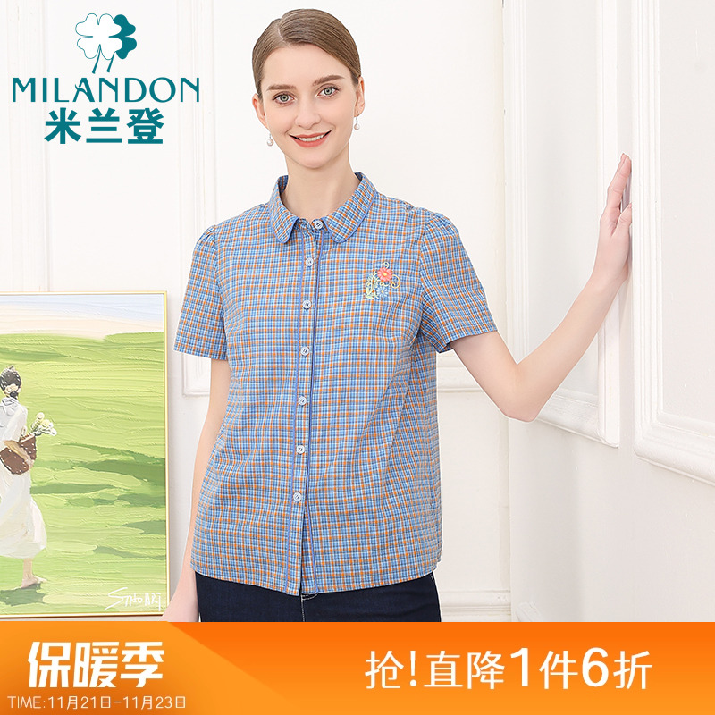 米兰登中老年妈妈装夏季新款时尚绣花格子衬衫女短袖纯棉上衣薄款