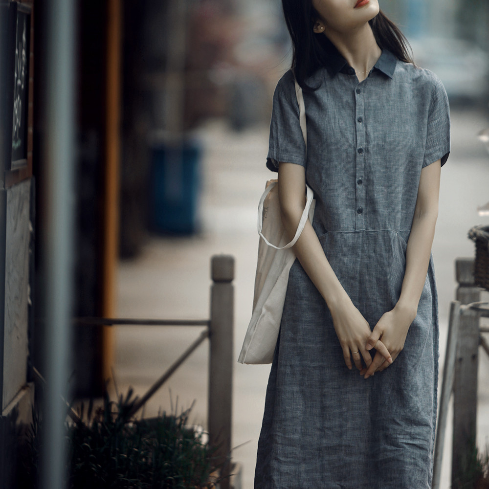 亚麻棉麻文艺显瘦女千鸟格直筒裙