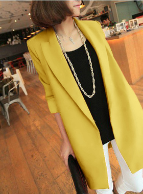 柠檬黄色西装外套女中长款2024冬季新款韩版宽松休闲高级感小西服
