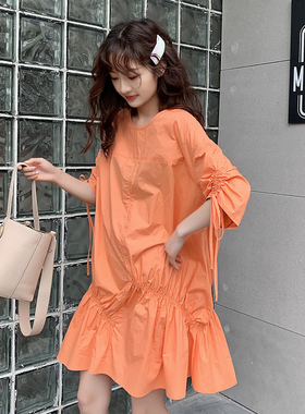 不规则橙色雪纺娃娃裙连衣裙女短袖小个子夏季新款韩版抽褶裙子