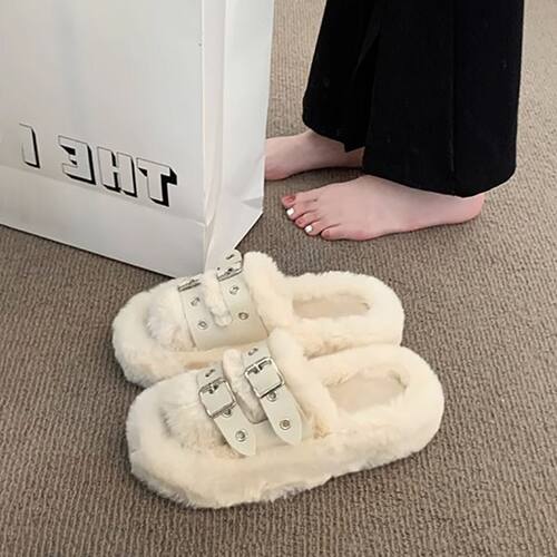 毛毛拖鞋女外穿秋冬室内家居皮带扣网红大码厚底毛绒绒棉拖鞋潮