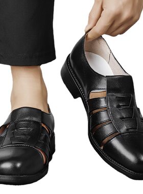 男式凉鞋2025夏季男士镂空透气三条皮鞋男中年包头洞洞鞋男鞋