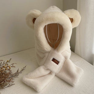 小熊帽子围巾一体女生冬季可爱保暖冬天围脖套头护耳朵防冻毛绒帽