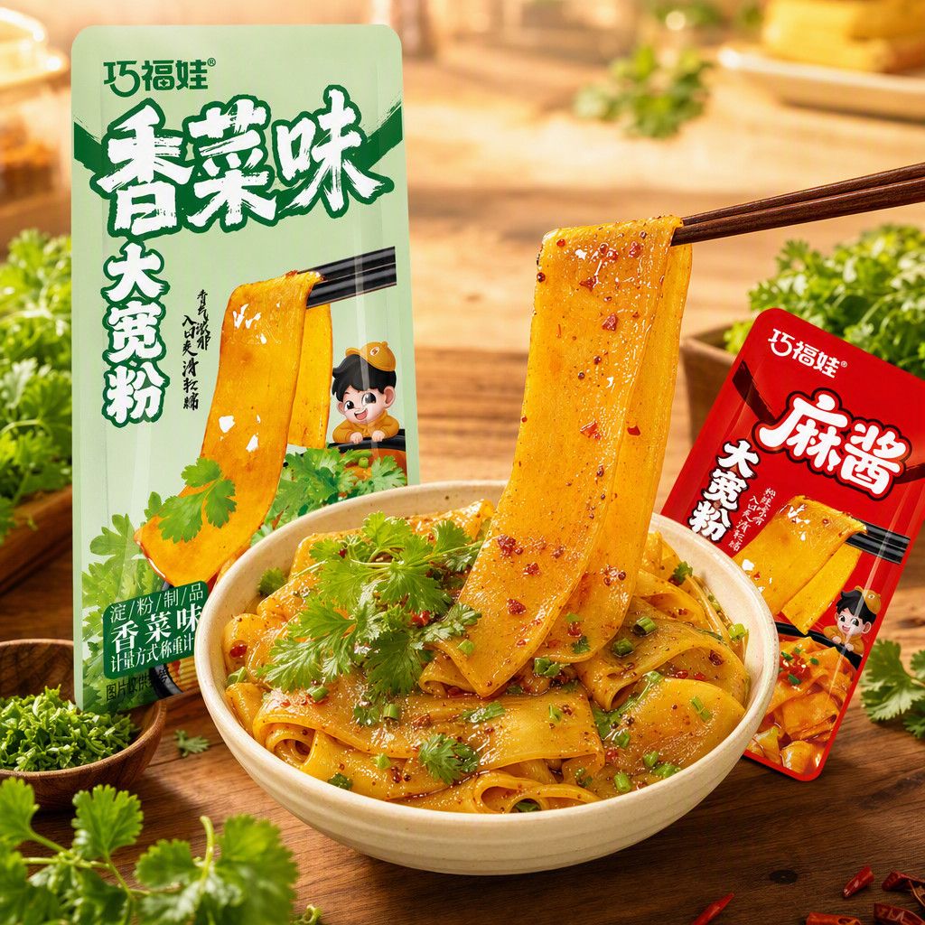 巧福娃大宽粉麻辣烫即食凉皮麻将香菜味香辣爽口零食解馋滑软小包