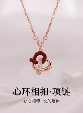 s925纯银冷珐琅镶锆同心结吊坠项链女轻奢感锁骨链送女友礼物