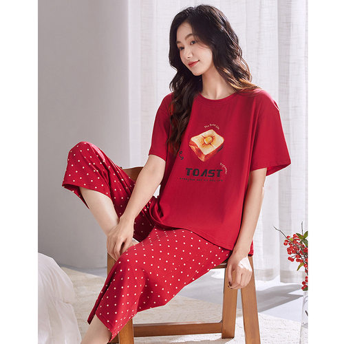 睡衣女夏季夏款纯棉短袖七分裤红色本命年可外穿大码家居服套装