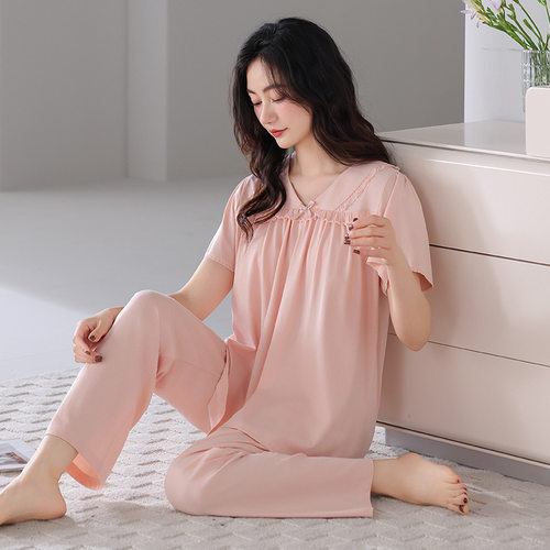 睡衣女夏季纯棉短袖七分裤中年妈妈家居服夏天薄款带胸垫大码套装
