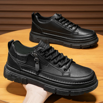 秋季男鞋新款透气防水防滑厨师鞋子男潮流百搭休闲黑色皮鞋短靴子