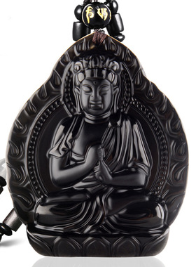 火焰八大守护神十二生肖黑曜石本命佛吊坠虚空藏菩萨项链中式风格