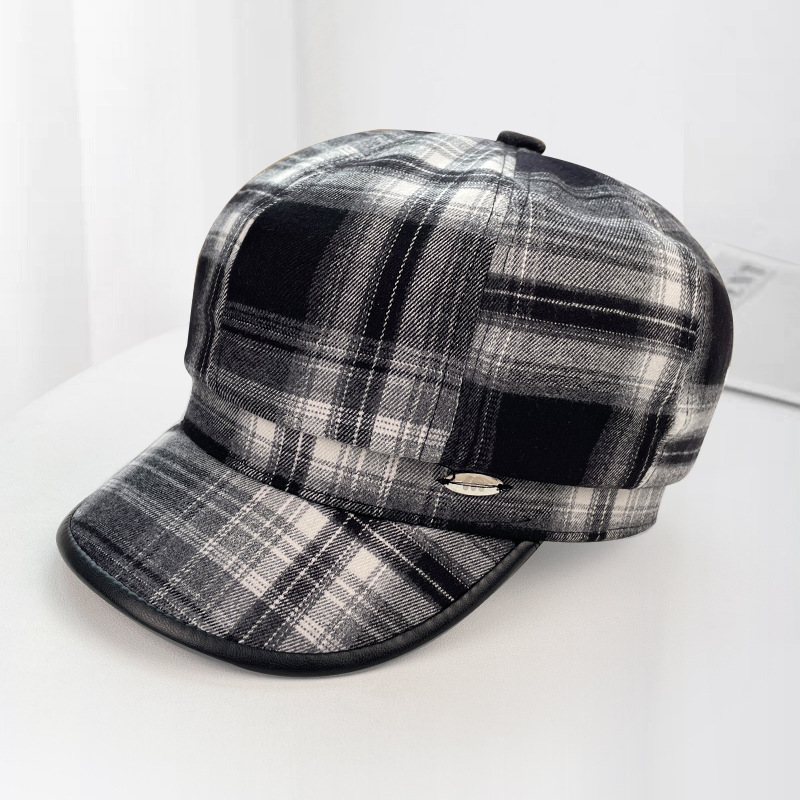 日系格纹八角帽子女春夏季时尚百搭画家帽大头围显脸小报童贝雷帽