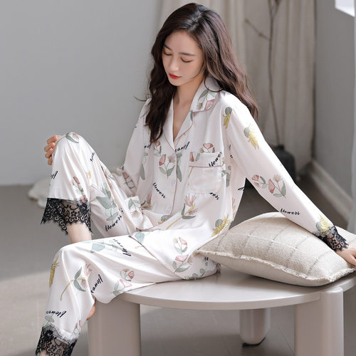 睡衣女春夏冰雪丝凉感长袖套装2025新款丝绸开衫妈妈感家居服