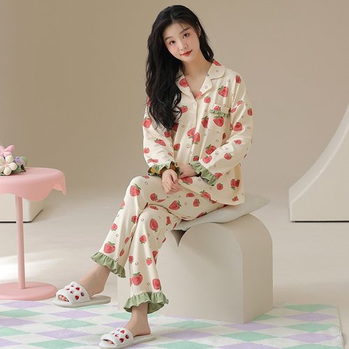 2025新款7a纯棉睡衣女款春秋季长袖长裤可外穿甜美草莓家居服
