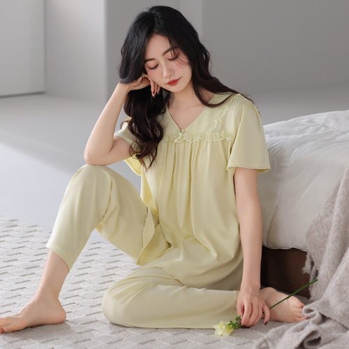 睡衣女夏季带胸垫纯棉短袖七分裤2025新款薄款夏天夏款凉感家居服