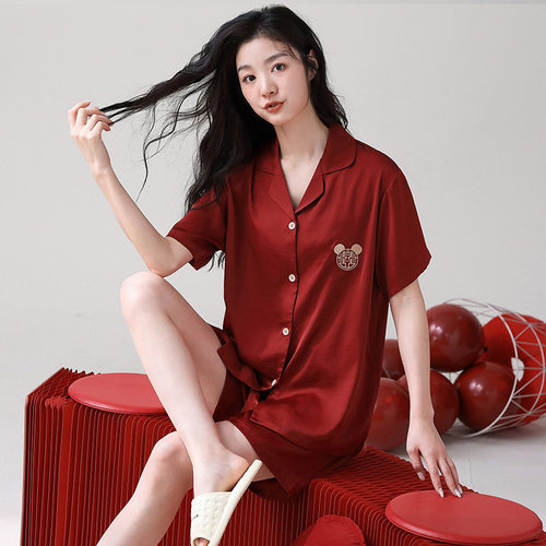 大红色睡衣女冰丝夏季短袖短裤高端家居服性感丝绸结婚套装本命年
