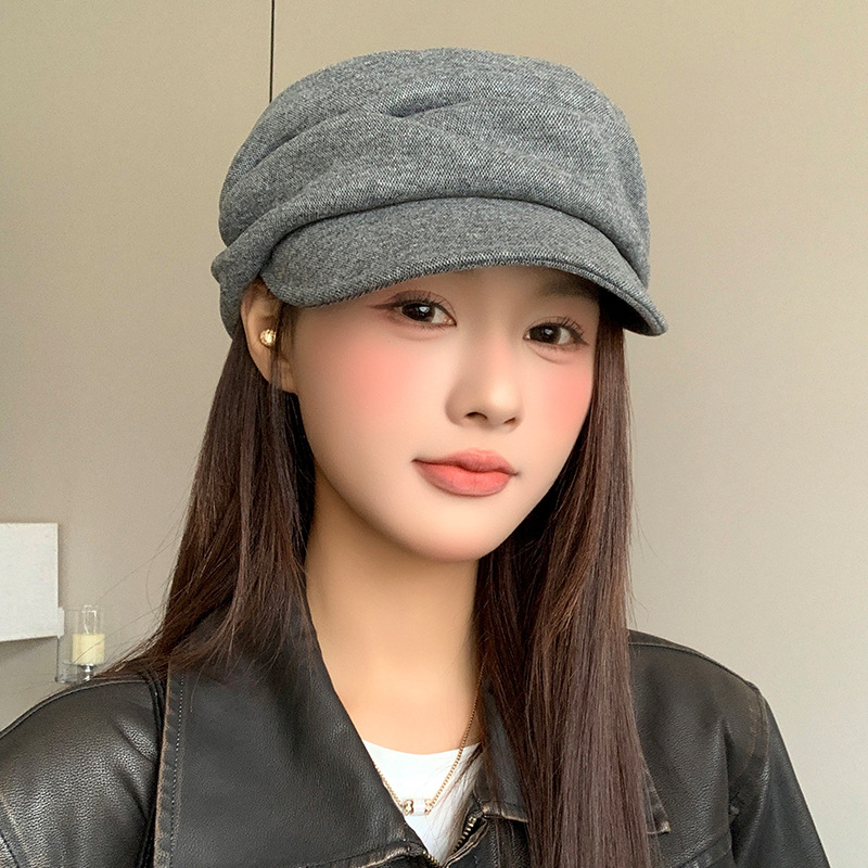 日系褶皱鸭舌贝雷帽子女秋冬季显脸小文艺复古画家帽大头围报童帽