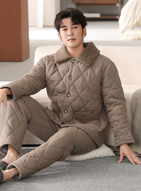 100%纯棉三层加厚夹棉冬季男士睡衣棉袄秋冬款保暖男式大码居家服