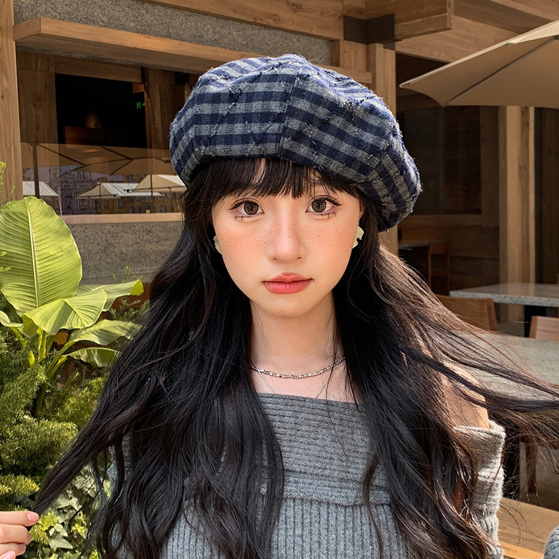 新款格纹拼色贝雷帽子女春秋季时尚百搭画家帽大头围显脸小南瓜帽