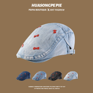 日系复古牛仔帽子女前进帽时尚百搭做旧画家帽韩版蝴蝶结贝雷帽男