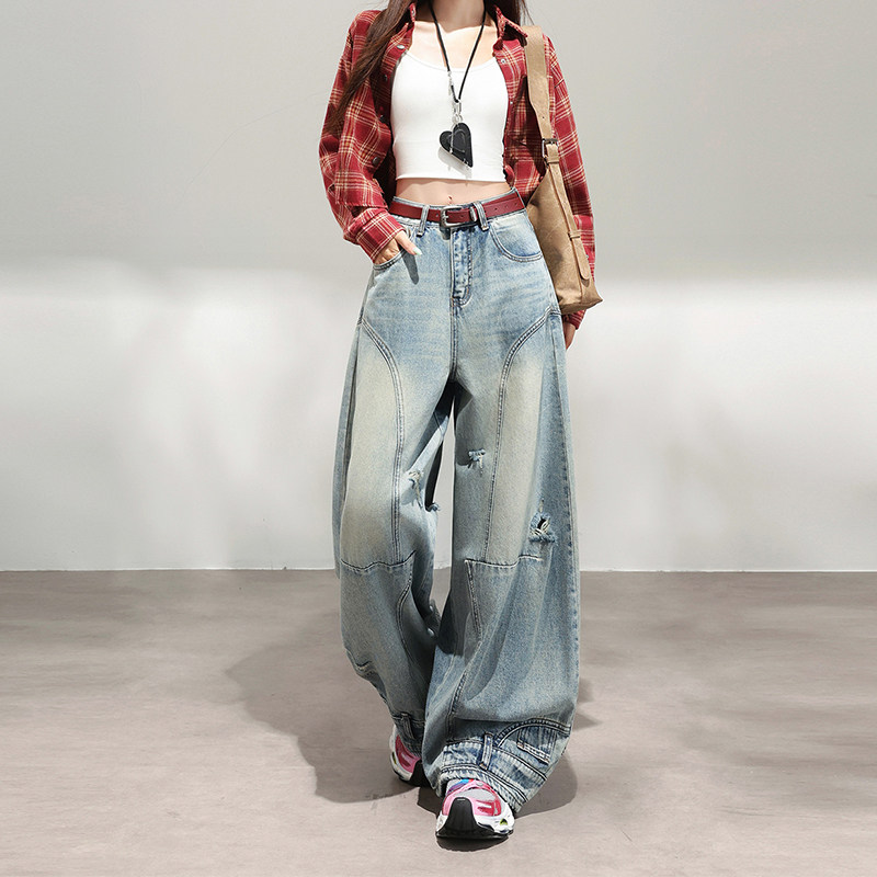 浅蓝复古破洞牛仔裤女2026秋季新款磨破宽松显瘦弯刀阔腿裤拖地裤