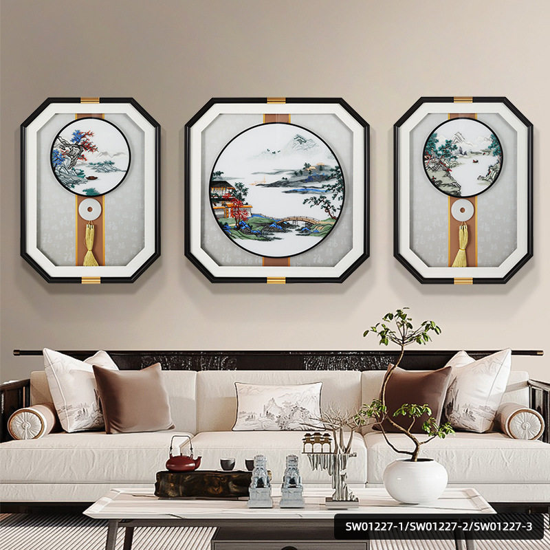 新中式客厅装饰画创意八角刺绣三联画高档大气苏绣沙发背景墙挂画,家居饰品,工艺画,淘宝优惠券,粉丝福利购,淘宝优惠卷
