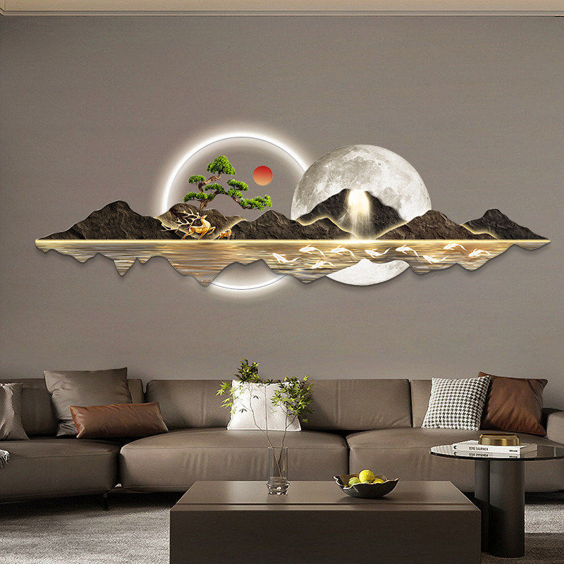 新中式客厅装饰画流水生财led发光灯画迎客松沙发背景墙挂画大气,家居饰品,氛围画/灯画,淘宝优惠券,粉丝福利购,淘宝优惠卷