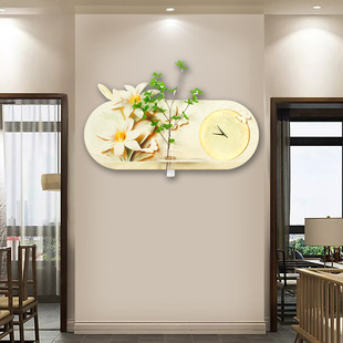 餐厅装饰画高级感带钟表水培绿植挂钟客厅餐桌背景墙钟表砂岩挂画