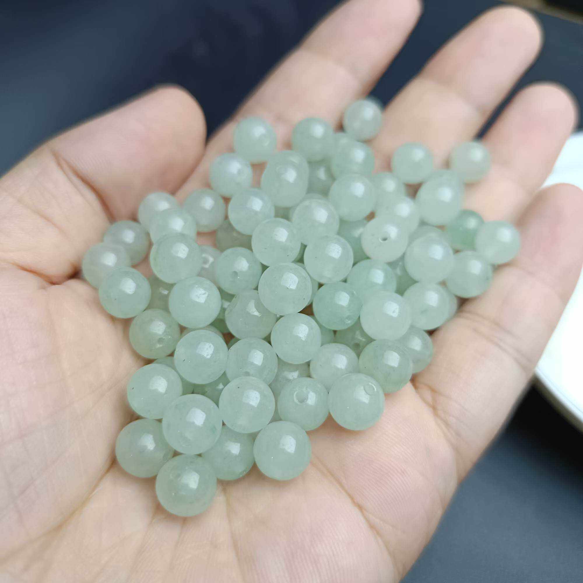 天然东陵玉带轻微黑点冰种浅绿圆珠散珠手链项链DIY配饰配件玉石