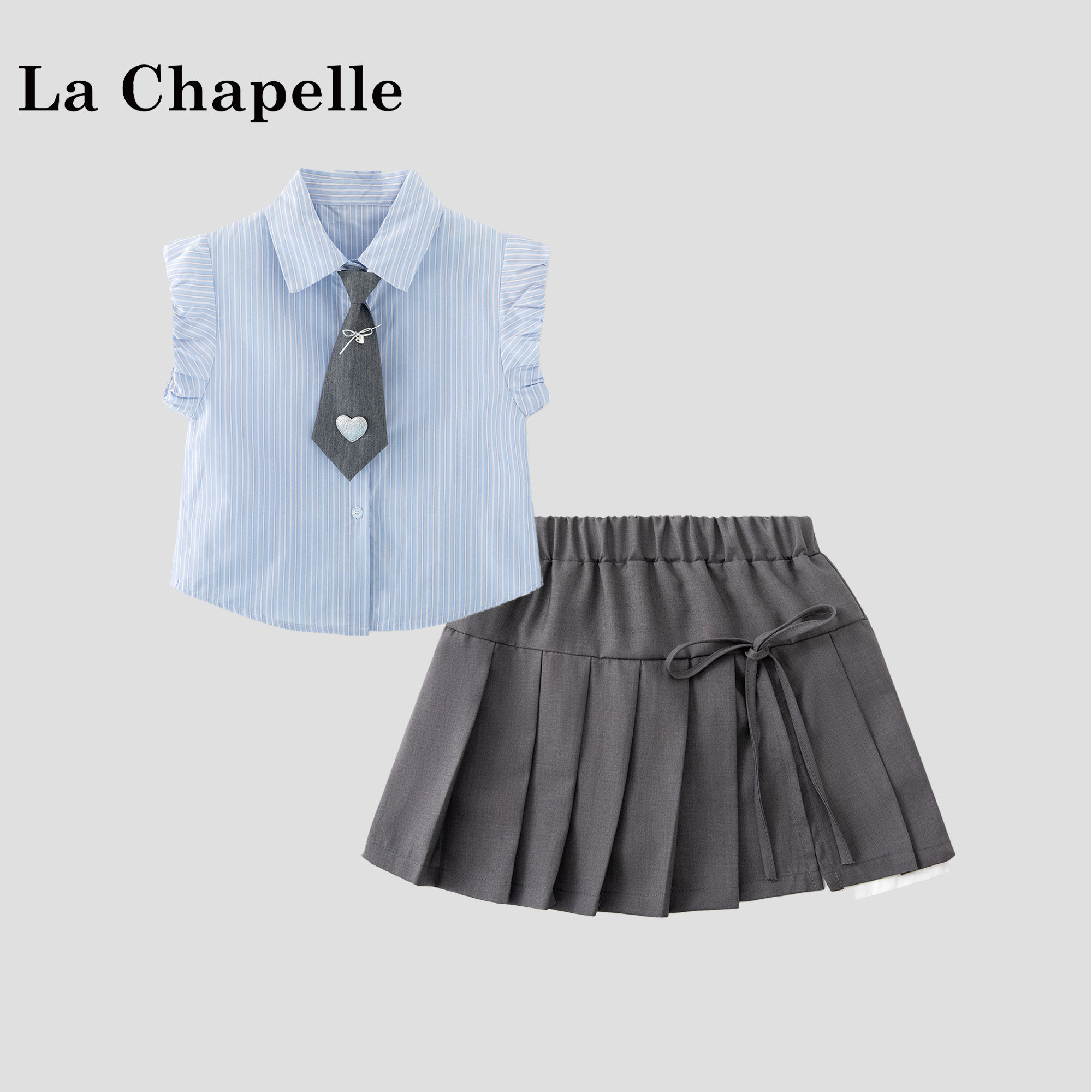 拉夏贝尔女童学院风套装夏2026新款洋气儿童条纹衬衫百褶裙两件套