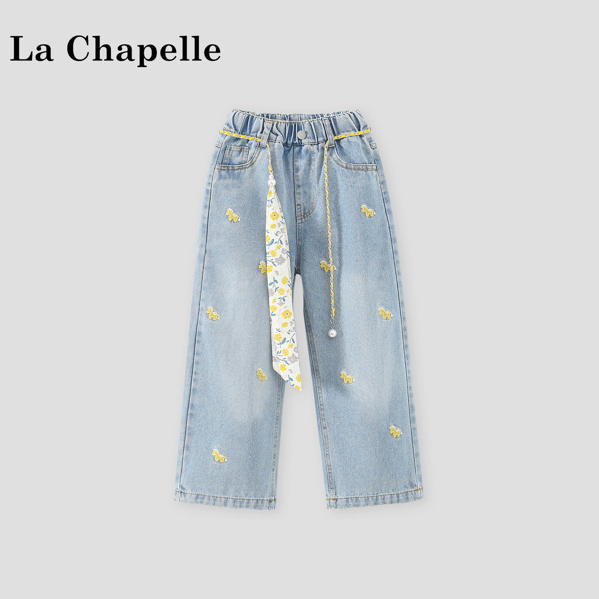 拉夏贝尔女童牛仔裤2026春季新款休闲刺绣长裤儿童洋气直筒裤春装