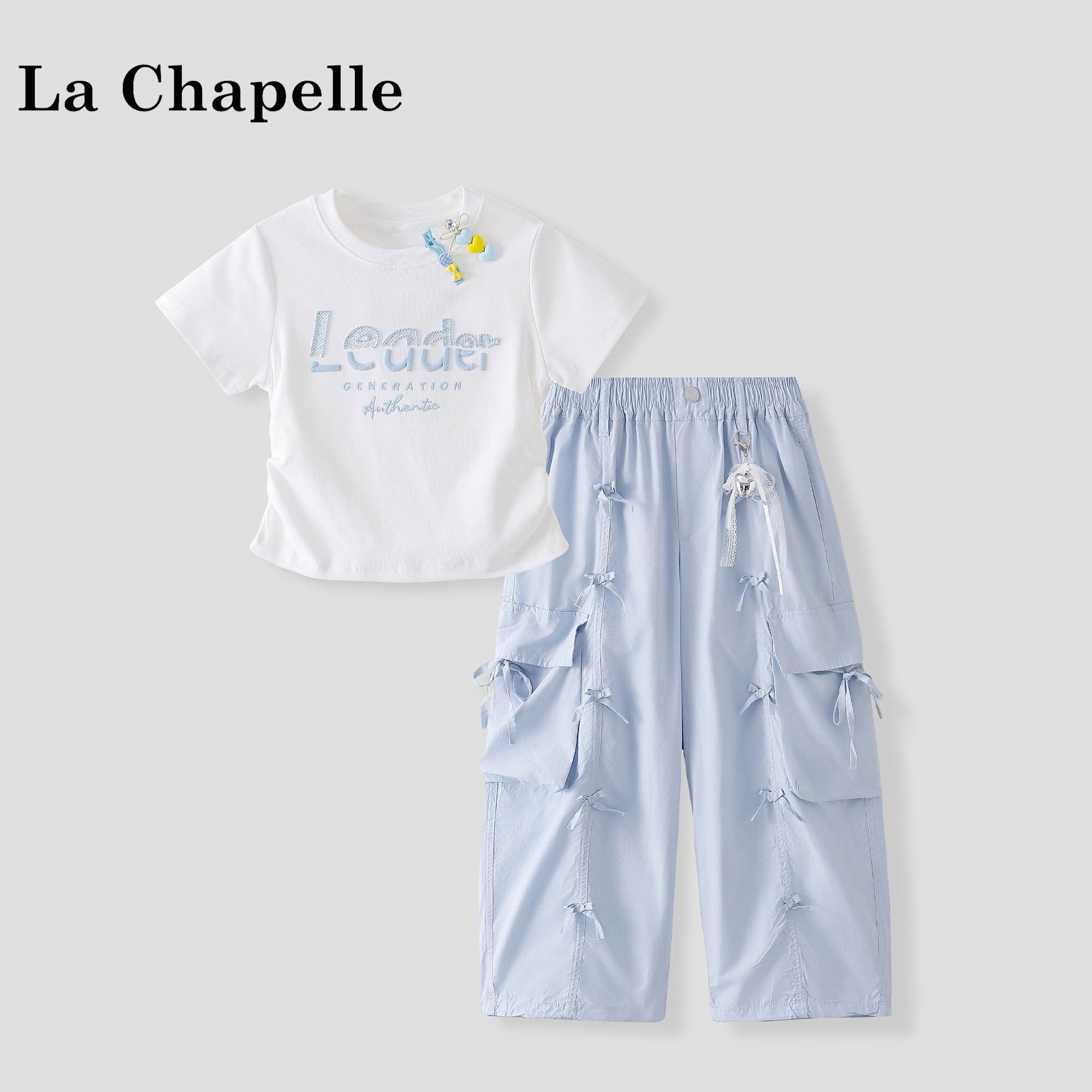 拉夏贝尔女童夏季套装2026新款洋气儿童运动衣服酷飒风短袖工装裤