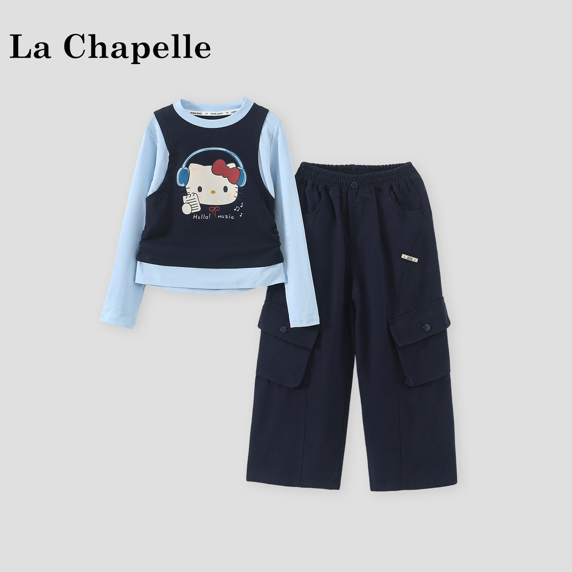 拉夏贝尔女童运动套装2026新款儿童韩系卡通假两件上衣春装两件套