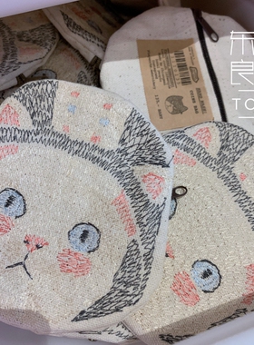 泰国进口清迈playworks刺绣帆布棉麻拉链猫头零钱猫咪耳机化妆包