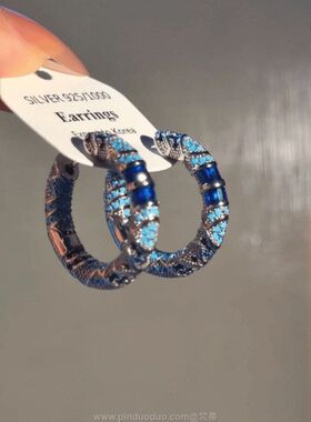 波西米亚风蓝色微镶锆石珐琅彩耳扣中古耳饰耳饰批发时尚百搭显白