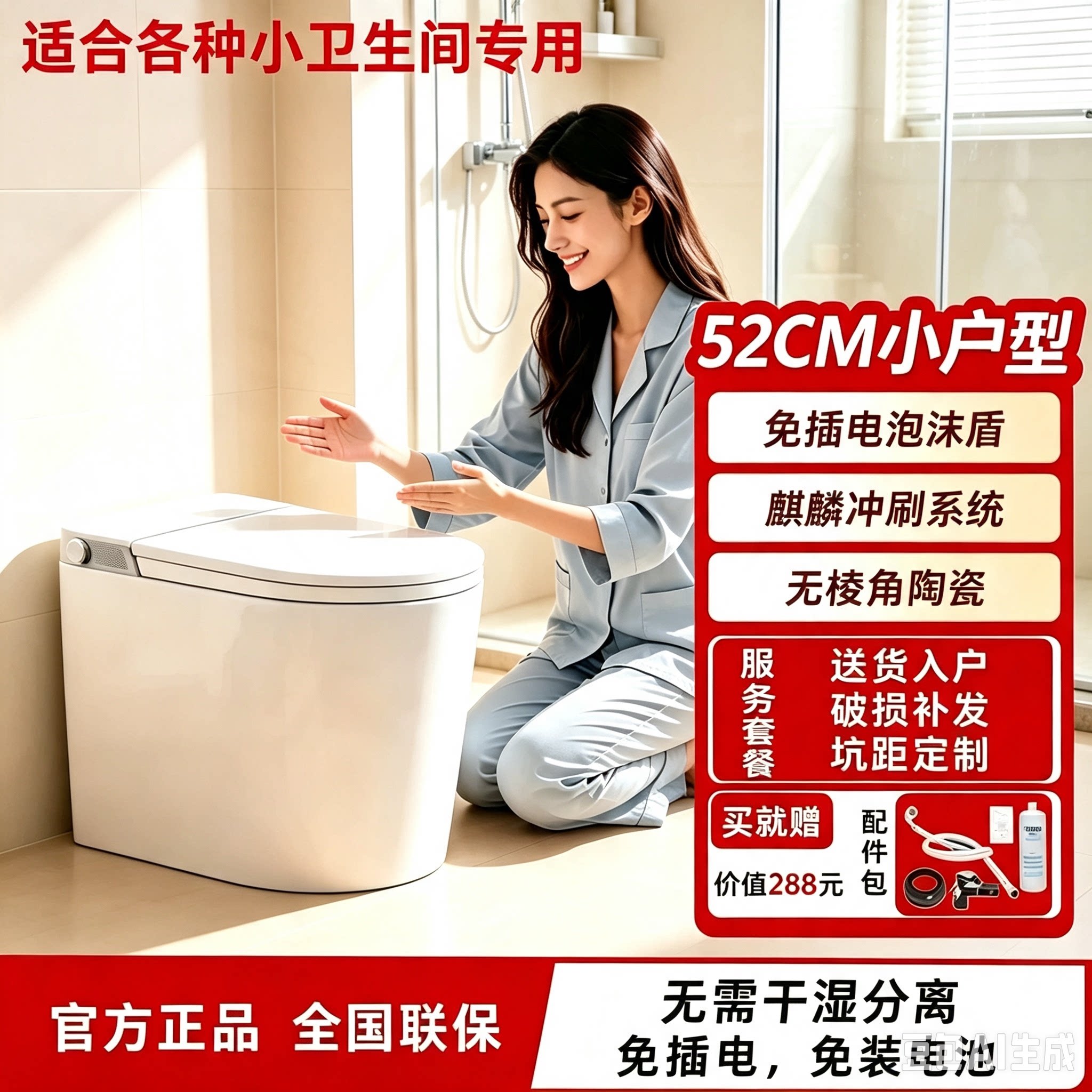 JIMODUO新款52短款免电马桶小户型无水压限制无惧存水弯麒麟冲水
