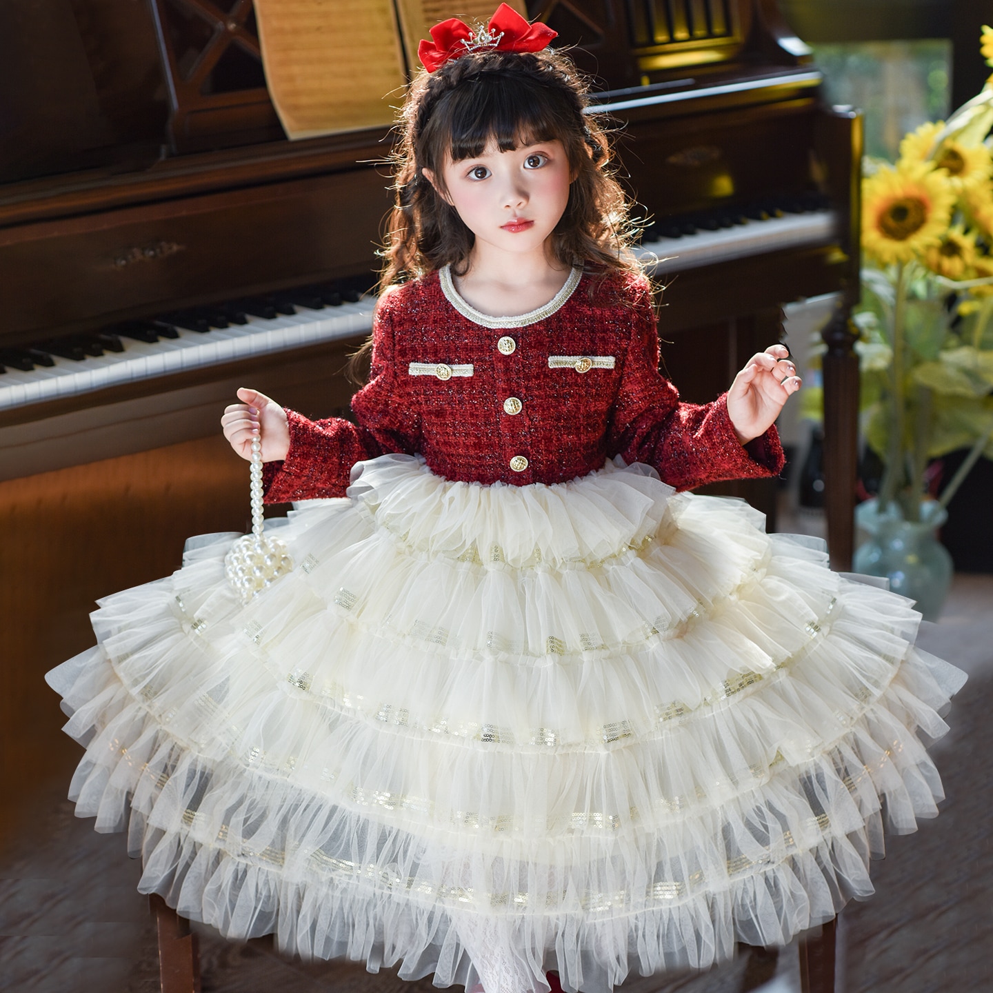 女童公主裙冬装2025新款儿童红色新年裙子女孩冬季蓬蓬网纱连衣裙