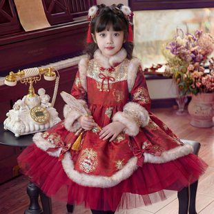 女童拜年服冬装 儿童国风旗袍裙子红色女孩加绒新年连衣裙 2025新款