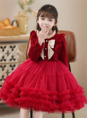女童连衣裙冬季裙子2025新款秋冬裙儿童冬装小女孩加绒红色公主裙