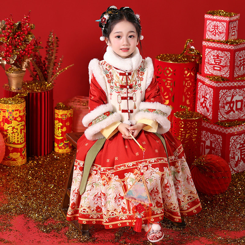 女童拜年服冬季2026新款儿童连衣裙秋冬新年战袍过年衣服裙子冬装