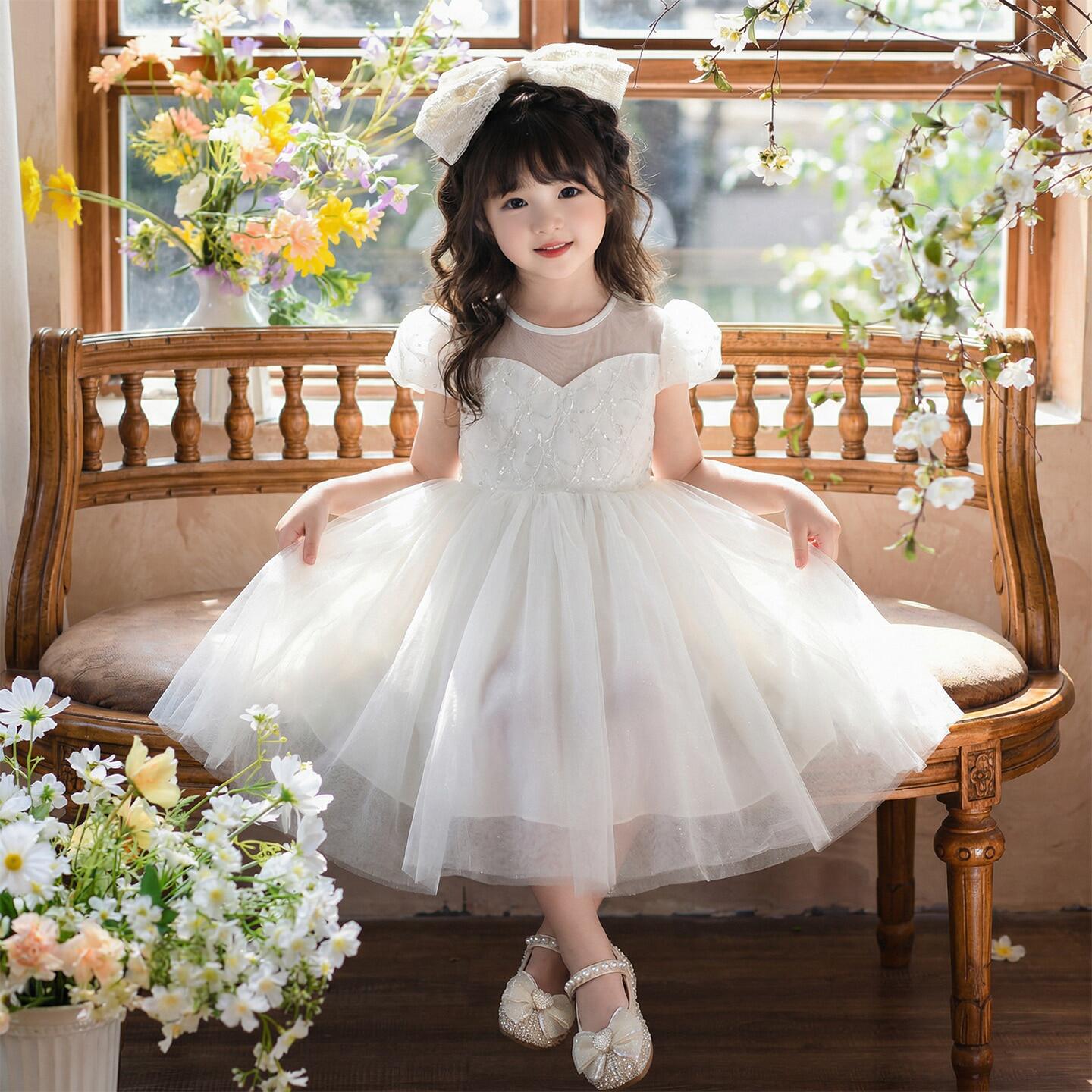 女童礼服钢琴演出服儿童生日公主裙小女孩主持人花童婚礼白色纱裙