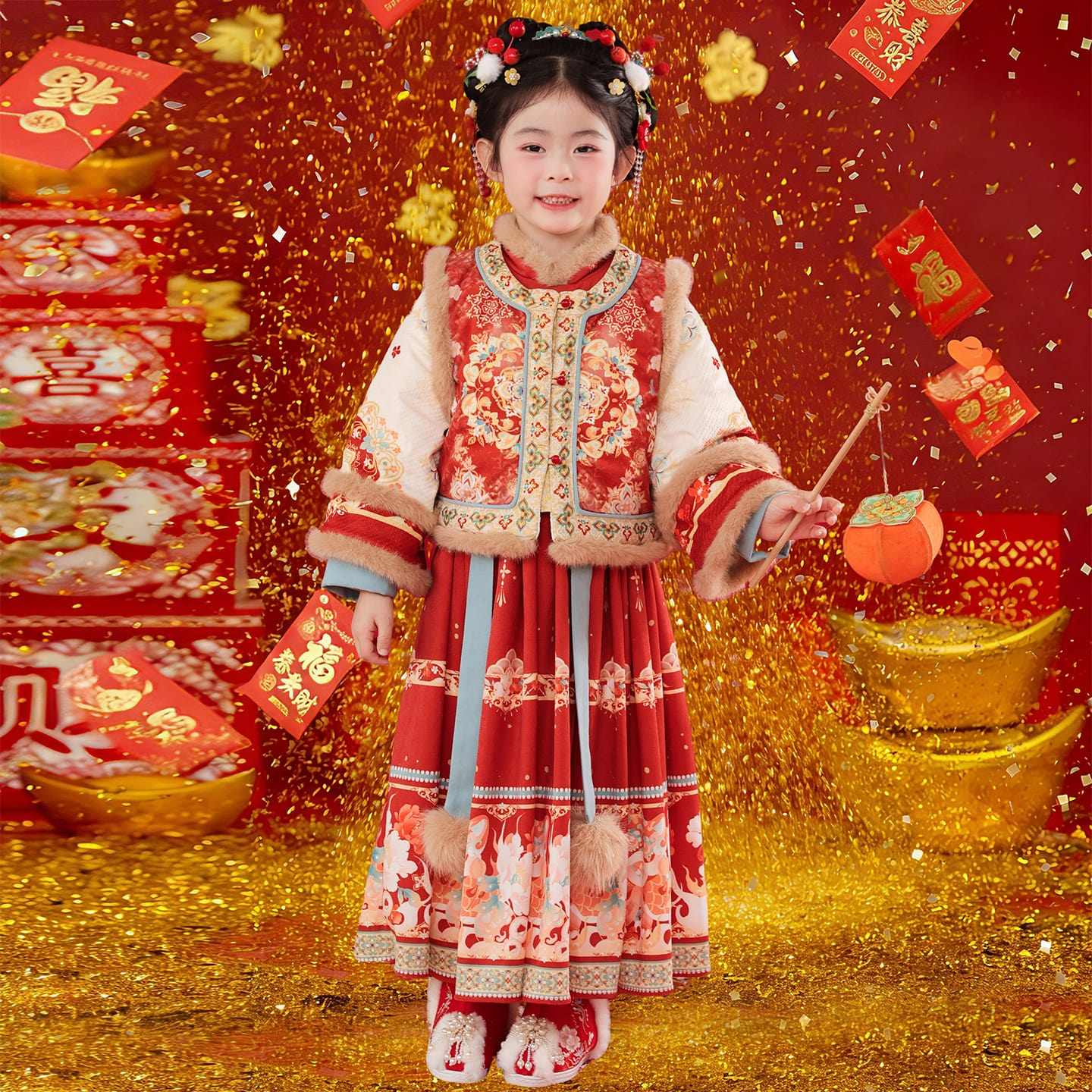拜年服女童冬装2026新款儿童国风汉服套装女宝宝红色过年喜庆唐装